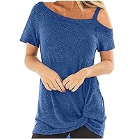 Short Sleeve Cold Shoulder T Shirts for Women Dressy Casual Summer Loose Fit Front Twist Knot Tunic Tops Blouses for Leggings