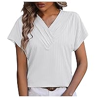Women Ruched V Neck Tops and Blouses Dressy Casual T-Shirt 2024 Trendy Vacation Shirts Loose Fitting Tunic Tee