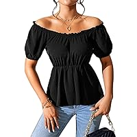Womens Summer Tops Sexy Casual T Shirts for Women Off Shoulder Frill Trim Peplum Blouse - Casual Short Sleeve Puff Sleeve Top