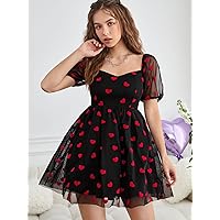 Women's Dress Heart Print Sweetheart Neck Puff Sleeve Mesh Overlay Dress Dress for Women (Color : Multicolor, Size : Large)