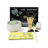 Matcha whisk set - Matcha tea set Kit 7 pcs-bamboo whisk and scoop,Stainless Steel Sifter,Ceramic Bowl&Whisk Holder&Whisk Stand, Tea Cloth,Japanese Tea Ceremonial Set for Matcha Making