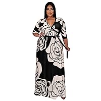 Nmoder Plus Size Maxi Dress for Women - Summer Casual Short Sleeve Floral Flowy Long Dress with Belt XL- 6XL
