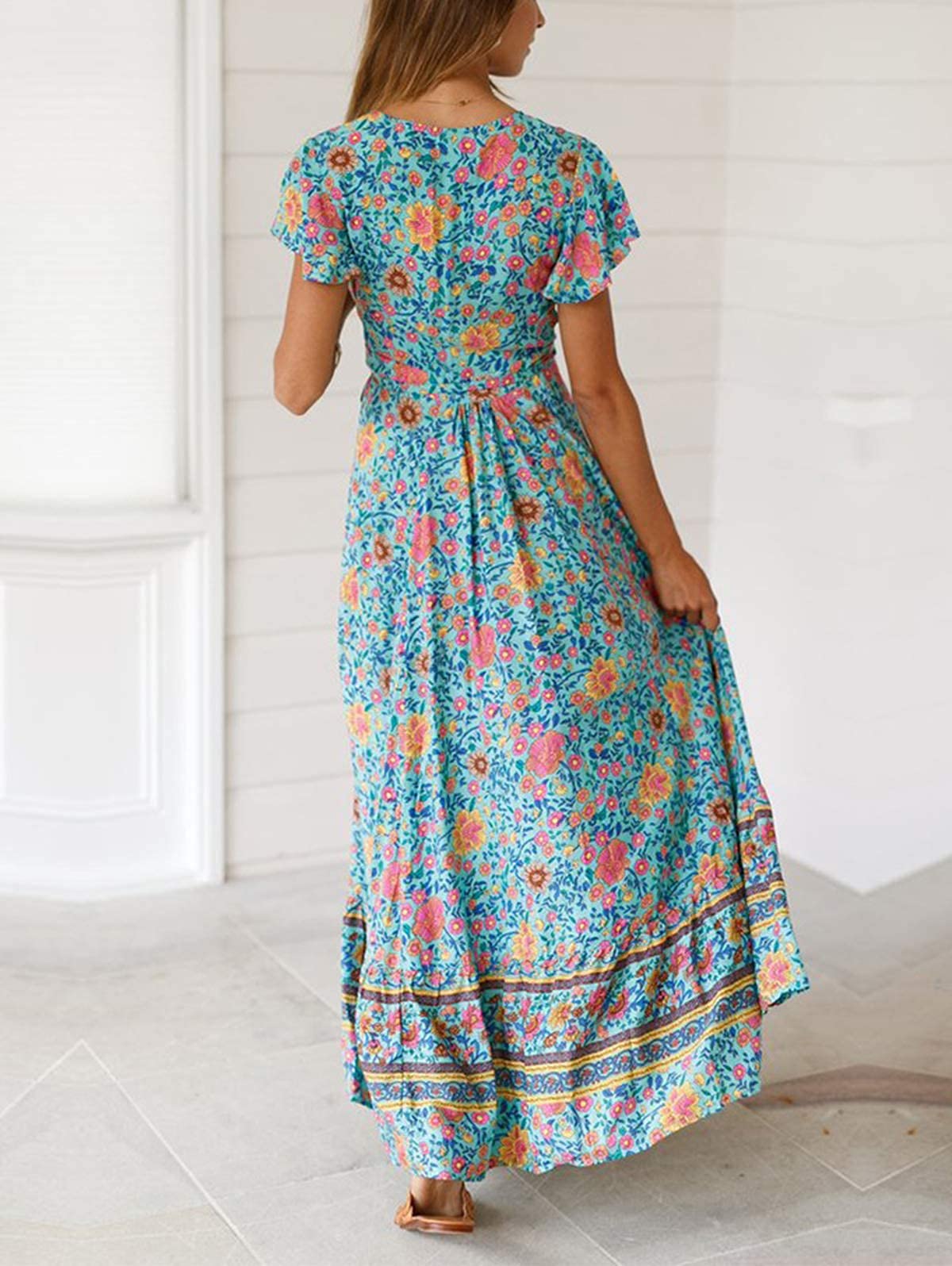 Buy TEMOFON Womens Boho Wrap Dresses: Women Summer Maxi Midi Beach Bohemian  Floral Dress Short Sleeve V-Neck Casual Size S-XL