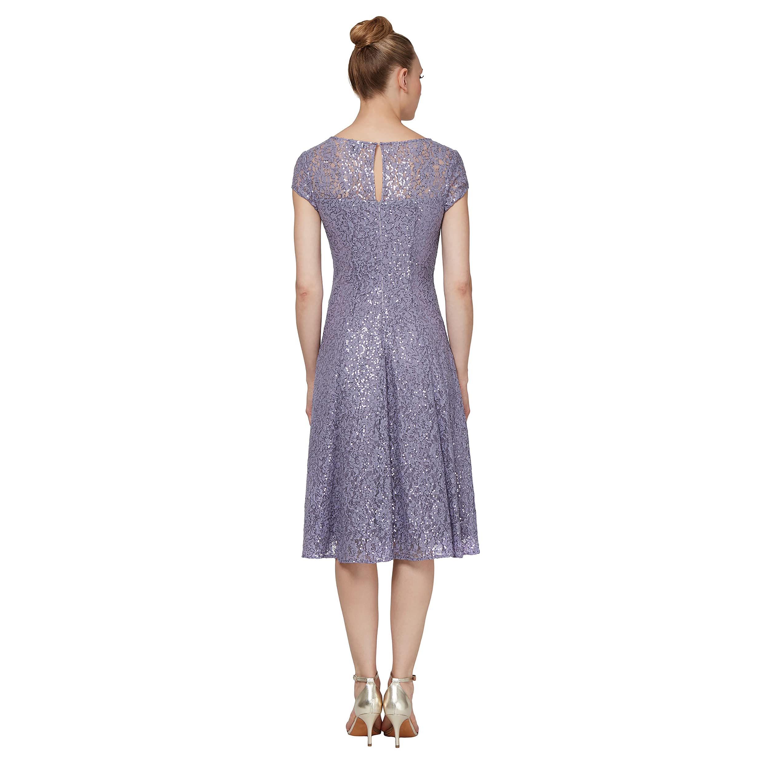 S.L. Fashions Women's Tea Length Cap Sleeve Sequin Lace A-line Dress