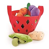 Hape Toddler Vegetable Basket |Soft Vegetable Shopping Basket, Toy Grocery Food Playset Includes Cabbage, Bean Pod, Carrot, and More , Red, Medium