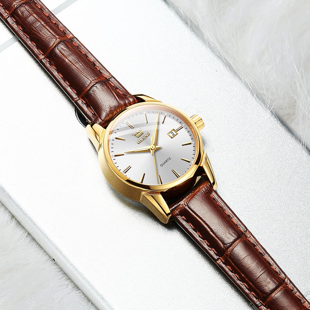 OLEVS Easy Reader Quartz Analog Leather Strap Watch with Date Feature Diamonds Dial Rose Gold Fashion Dress Luminous Waterproof Ladies Watches
