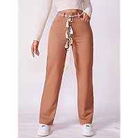 Women's Pants Pants for Women Zipper Fly Straight Leg Pants with Tassel Belt (Color : Coral Orange, Size : X-Small)