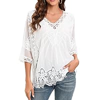 GLEAMISS Women's Crochet V Neck Lace Top Embroidered Bat Sleeve Blouse