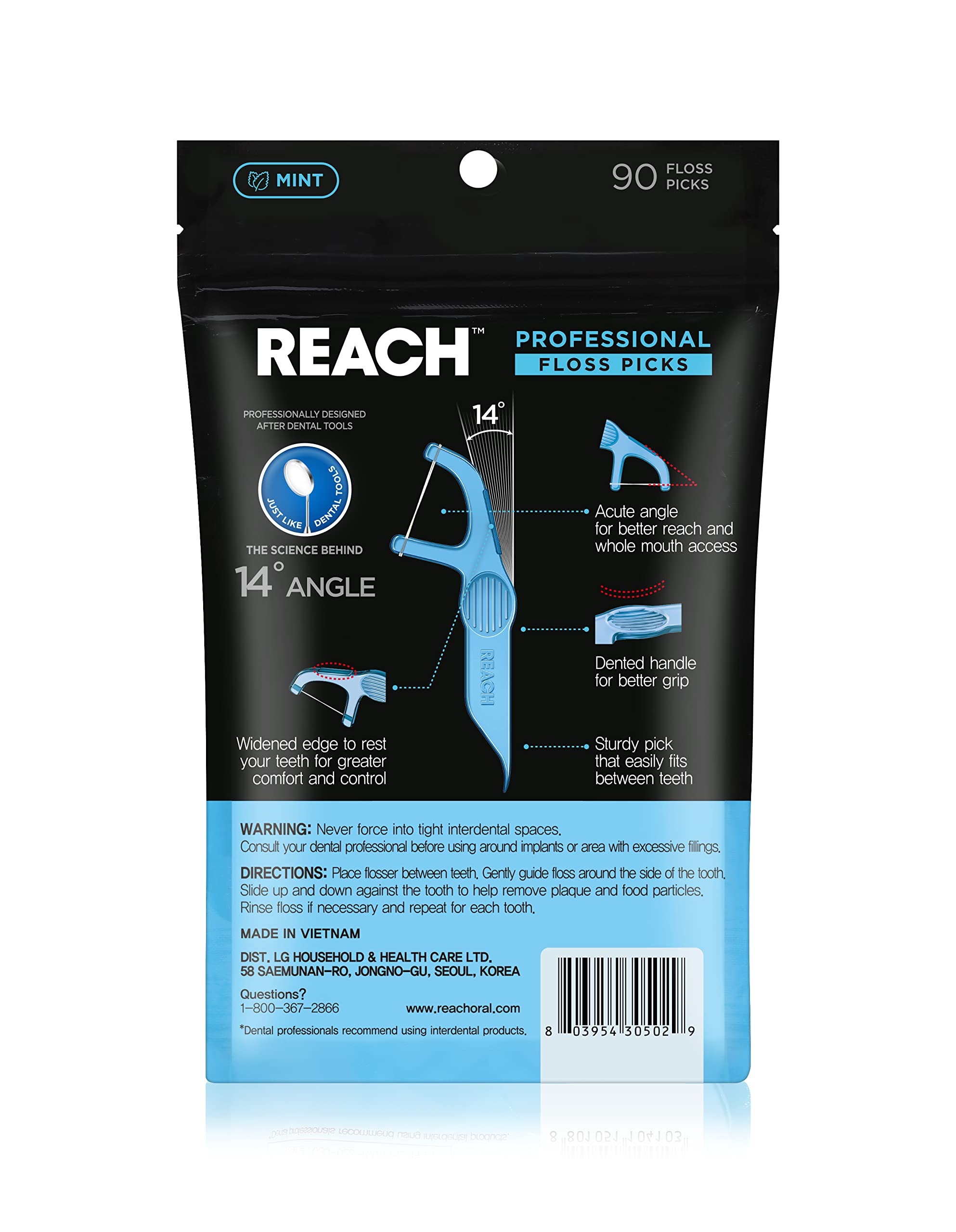 REACH Interdental Flosser Pick | Acute angle for better reach | Dented for Better Grip , PFAS FREE | 90 Flossers, Mint Flavor