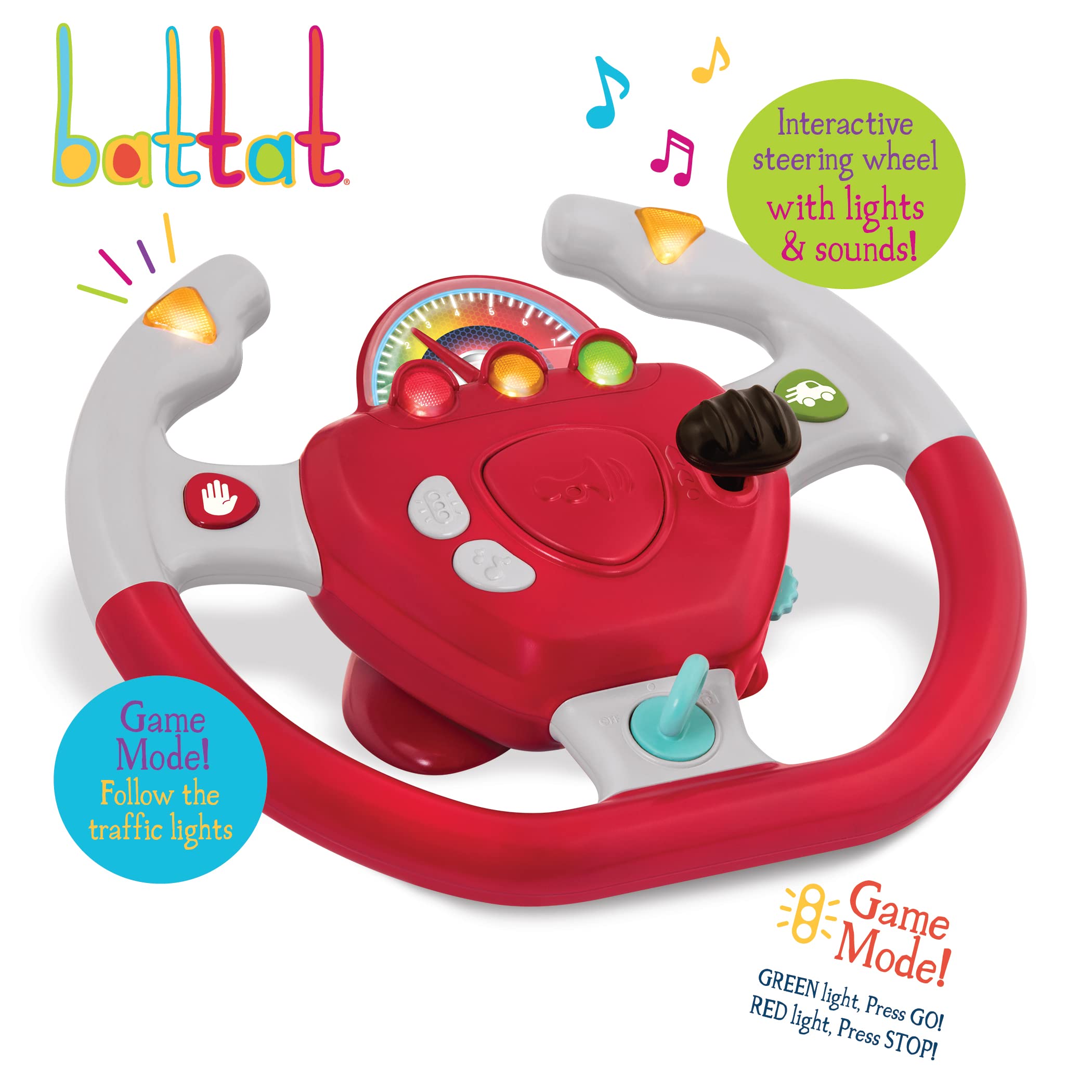 Battat – Geared to Steer Interactive Driving Wheel – Portable Pretend Play Toy Steering Wheel for Kids 2 years +, Red (BT2525Z)