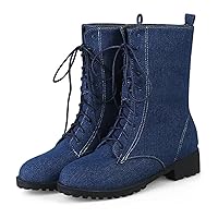 Women's Lace-up Denim Ankle Boots,Plush Round Toe Causal Non-slip Low Heel Mid-Calf Dress Boots