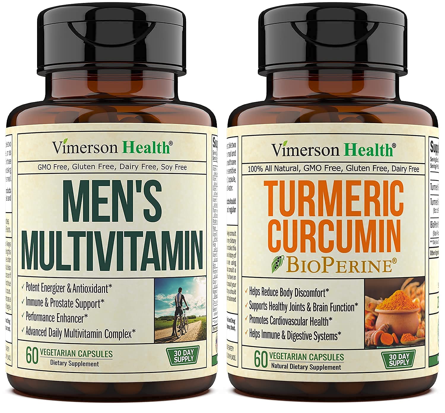 Vimerson Health Mens Multivitamins + Turmeric Curcumin with BioPerine 10 mg Bundle. Joint Support and Inflammatory Balance, Immune Support, Antioxidant Properties for Him