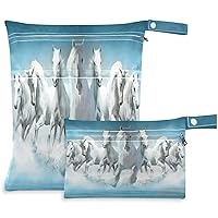 visesunny Seven Horses Running 3D Print 2Pcs Wet Bag with Zippered Pockets Washable Reusable Roomy for Travel,Beach,Pool,Daycare,Stroller,Diapers,Dirty Gym Clothes, Wet Swimsuits, Toiletries