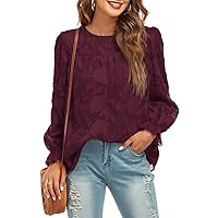 Funlingo 2023 Womens Tops Dressy Long Sleeve Floral Textured Shirts Casual Loose Crewneck Babydoll Work Blouses