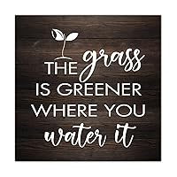 Aesthetic Decorative Wooden Sign The Grass is Greener Where You Water It Wood Wall Sign Home Sign Antique Farmhouse Wall Decorations for Deck Living Room 12x12 Inch