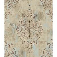 HAOKHOME 94005-3 Vintage French Damask Peel and Stick Wallpaper 17.7in x 9.8ft Deep Yellow/Mist Blue/Brown Vinyl Self Adhesive Wall Paper Design for Walls Bathroom Bedroom Home Decor