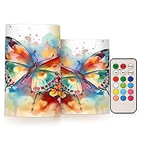 Watercolor Colorful Butterfly with Flowers Flickering Flameless Candles Battery Operated with Remote Timer,Tea Light Candles LED Pillar Votive Candles Set of 2 for Outdoor Indoor Decorations