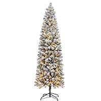 6FT Prelit Pencil Christmas Tree Artificial Snow Flocked Slim Skinny Christmas Trees with 250 LED Warm White Lights for Christmas Indoor Outdoor Decoration