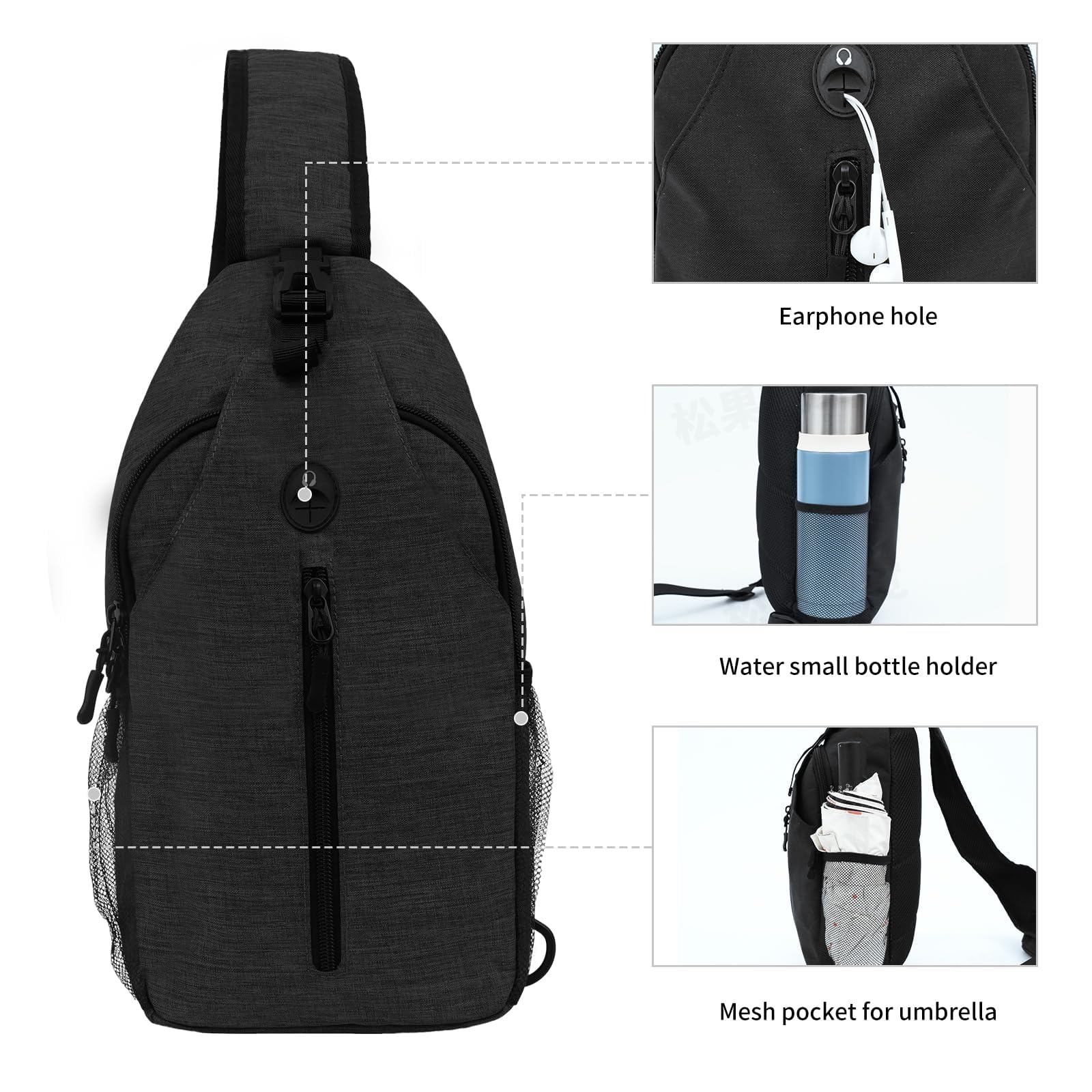 Sling-Bag Crossbody-Bag Women-Men Backpack-Daypack - Hiking Chest Travel with Water Bottle Pocket Portable Hiking Daypacks for Women Black