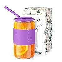 sungwoo 16OZ Glass Cup with Silicone Lid and Straw, Reusable Ice Coffee Glass, Best Friend Gift for Women Men, Personalized Gift Suitable for Birthday, Christmas, Wedding, Mother's Day, 1 Pack Purple