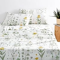 Wake In Cloud - Twin XL Size Bed Sheets, 4-Piece Sheet Set, Deep Pocket, Floral Shabby Chic Botanical Yellow Sage Green Flower, Soft Microfiber Patterned Kids College Dorm Bedding