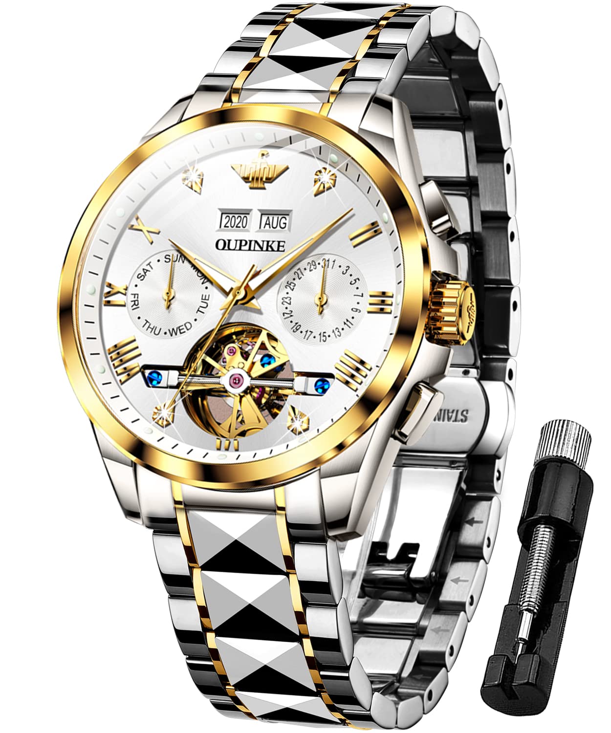 OUPINKE Mens Watches Automatic Skeleton Tourbillon Self Winding Luxury Sapphire Crystal Business Dress Wristwatch