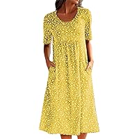 Women 2024 Summer Short Sleeve Boho Dresses Floral Casual Loose Vintage Beach Crew Neck midi Flowy Dress with Pockets