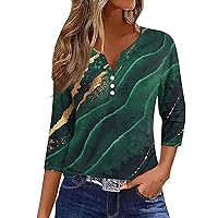 Short Sleeve Henley Top,3/4 Length Sleeve Womens Tops Button Henley V Neck Shirts Henley 2024 Summer Blouses Dressy Fashion Print Clothes Ladies 3/4 Sleeve Tops and Blouses