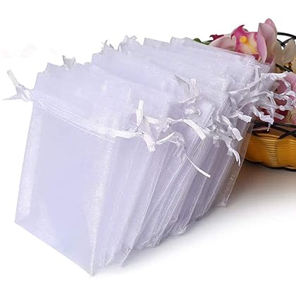Hopttreely 100PCS Premium Sheer Organza Bags, White Wedding Favor Bags, 4x4.72 Jewelry Gift Bags for Party, Jewelry, Christmas, Festival, Bathroom Soaps, Makeup Organza Favor Bags Wrapping Supplie