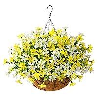 INQCMY Artificial Hanging Violet Flowers in Basket for Outdoors Spring Decor,Faux Silk Flower Arrangement,Artificial Coconut Lining Flowerpot Plant for Home Garden Decoration(White Yellow)