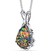 PEORA Created Black Fire Opal Vintage Teardrop Solitaire Pendant Necklace for Women 925 Sterling Silver, 1 Carat Pear Shape 10x7mm, with 18 inch Chain
