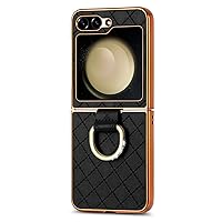 Elegant PU Leather Case for Samsung Galaxy Z Flip 5 - Diamond Ring Stand & Unique Grid Pattern Design (Black)