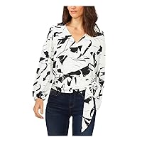Vince Camuto Womens Ivory Tie Smocked Elastic Cuffs Snap Button Front Printed Long Sleeve Surplice Neckline Top XXS