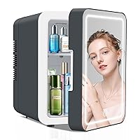 Mini Skincare Fridge (4 Liter/6 Can) with Dimmable LED Light Mirror, Cooler and Warmer for Refrigerating Make Up, Skin Care and Food, Portable Mini Fridge for Bedroom, Office and Car, Grey
