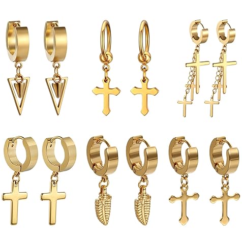 Golden George 3-6 Pairs Cross Dangle Hinged Hoop Earrings for Men and Women Gold Stainless Steel Punk Hip-hop Ear Piercing Earrings, Hypoallergenic