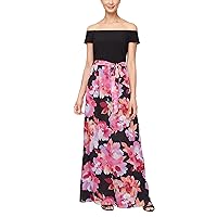 S.L. Fashions Women's Long Mixed Media Maxi Halter Dress with Printed A-line Skirt and Tie Belt
