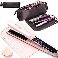 Pro Titanium Flat Iron Hair Straightener, Anti-Scald Dual Voltage Straightening and Curler 2 in 1, Large Capacity Hair Tools Travel Bag Heat Resistant Mat for Portable Hot Tool Mat Bag 2 in 1
