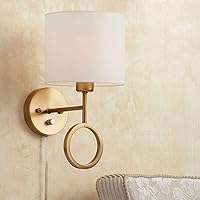 360 Lighting Amidon Modern Indoor Wall Mount Lamp Warm Brass Metal Ring Plug in Light Fixture Dimmable White Drum Shade for Bedroom Bedside House Reading Living Room Home Hallway Dining