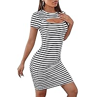 Women's Striped Cut Out Front Bodycon Dresses Casual Summer Short Sleeve Crewneck Slim Fit T Shirt Dress