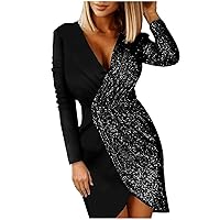 All Sequin Long Sleeves Wedding Guest Dresses for Women Plus Size Petite Party Casual Sexy Fall V Neck Solid Color