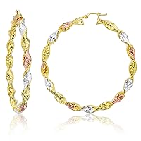 14k Tri Color OR Two Tone Gold Solid Twisted Diamond Cut Hoop Earrings for Women | 5mm Thick | Italian Gold Hoops | Twisted Hoop Earrings | Secure Click-Top | Shiny Polished Earrings, 30mm-70mm