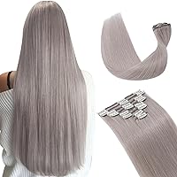 Hairro 100% Human Hair Clip in Extensions Thin Straight Human Hair Clip on Hairpieces 24 Inch Long 80g Machine Weft 8pcs 18 Clips for Women Grey