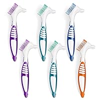 6 Pcs Denture Brush Set for False Teeth, Denture Toothbrushes with Double Sided Design, Denture Cleaning Brush with Multi-Layered Soft Bristles and Rubber Anti-Slip Handle, 4 Colors