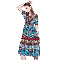 Womens Short Sleeve V Neck Stripes & Floral Print Casual Midi Slit Dresses
