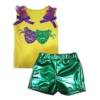 Petitebella Mardi Gras Masks Yellow Cotton Shirt Green Bling Short Set 1-8y