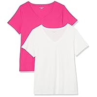 Amazon Essentials Women's Classic-Fit Short-Sleeve V-Neck T-Shirt, Pack of 2, White/Dark Pink, 5X