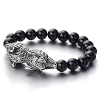COOLSTEELANDBEYOND Mens Stretchable 10MM Black Onyx Beads Bangle Bracelet with Stainless Steel Wolf Head