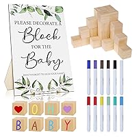 Baby Shower Game Sign Kit - Gender-Neutral Greenery Baby Shower Game Including Decorate a Block Game Sign 50 DIY Blocks and 12 Pens for Gender Reveal Games Baby Shower Party Supplies