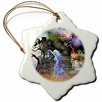 3dRose orn_11653_1 A Spooky Collage of an Old Haunted House, Ghost, Graveyard, Black Cat and More-Snowflake Ornament, Porcelain, 3-Inch
