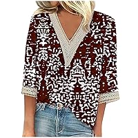 Lace Trim V Neck 3/4 Length Sleeve Tops for Women Casual 2024 Summer 3/4 Sleeve Shirts Vintage Floral Print Loose Fit Blouses